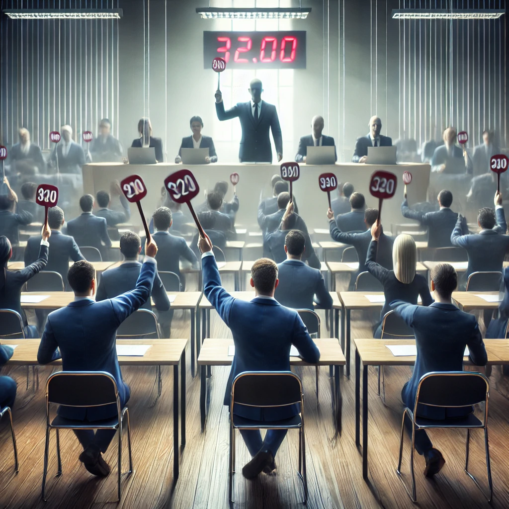 현장에서 공개 경매에 참여하는 입찰자들