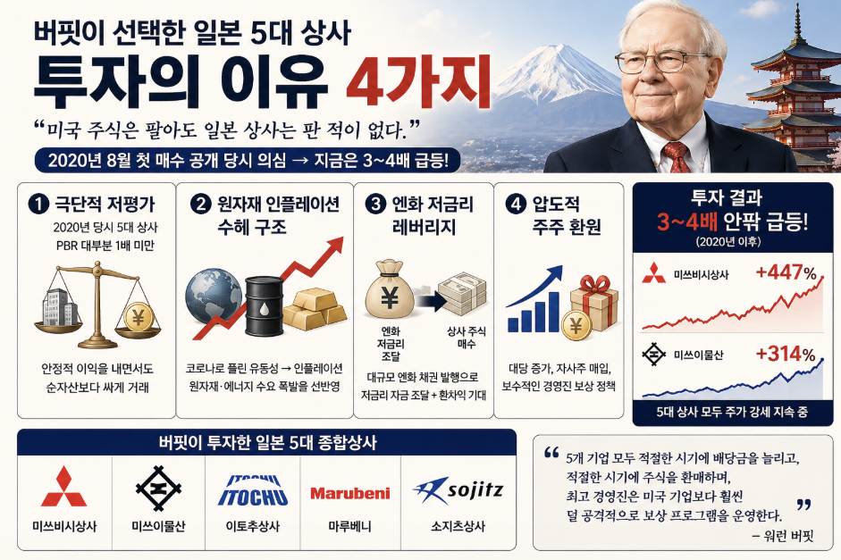 2020년 워런 버핏 일본 종합상사 투자 이유 4가지 정리 인포그래픽, 저평가 PBR 원자재 인플레이션 엔화 저금리 레버리지 주주환원 분석 및 주가 상승 결과