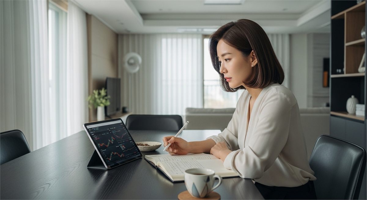 보유 기준일을 확인하는 투자자의 실내 모습 