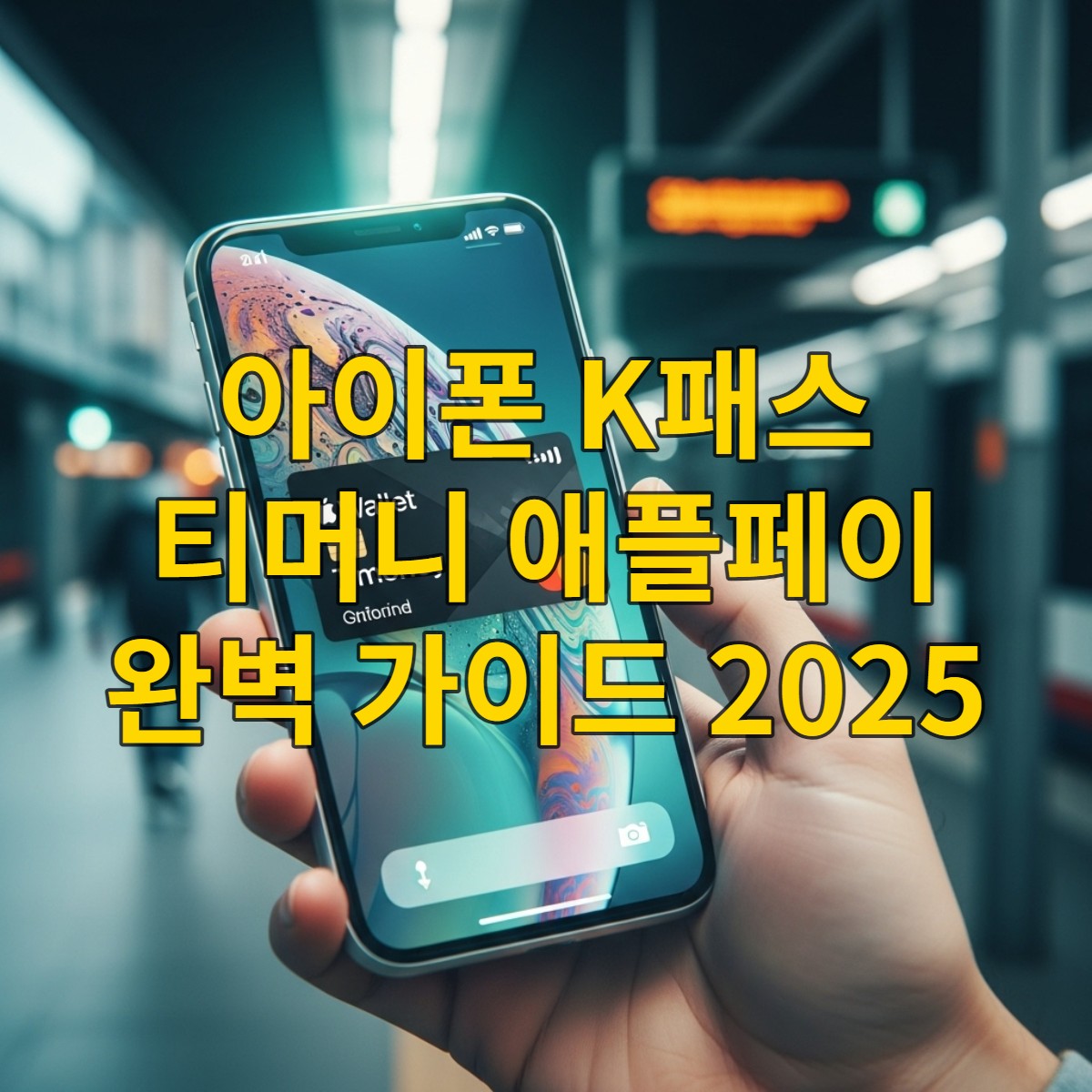 아이폰으로 모바일 티머니와 K패스를 사용하는 모습을 나타내는 이미지. 손에 든 아이폰 화면에 티머니 카드가 보이고, 배경에는 흐릿한 대중교통 정류장이 있습니다.