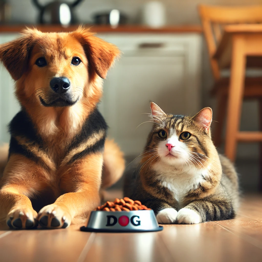 강아지와 고양이가 나란히 앉아 있는 평화로운 분위기