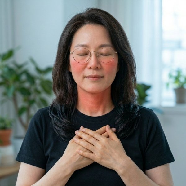안면 홍조를 진정시키기 위해 편안한 자세로 깊은 심호흡을 하며 마음을 다스리는 중년 여성의 모습.