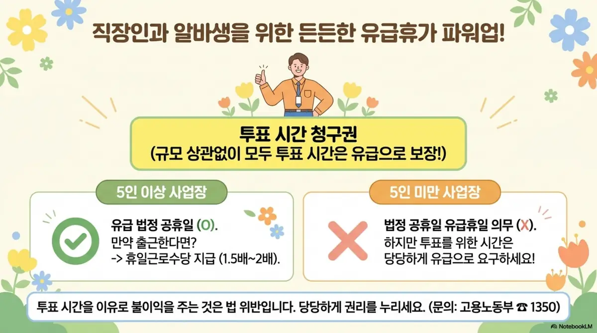 지방선거 투표 시간:선거일 유급휴가 적용 기준을 5인 이상 사업장과 5인 미만 사업장으로 나누어 비교한 인포그래픽. 5인 이상은 유급 법정 공휴일이며 출근 시 휴일근로수당 1.5배에서 2배가 지급되고&amp;#44; 5인 미만은 유급휴일 의무는 없지만 투표 시간은 유급으로 보장된다는 내용이 정리되어 있다