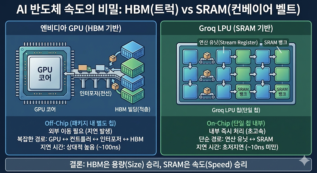 외부 메모리를 사용하는 GPU와 내부 메모리를 사용하는 LPU의 구조적 차이