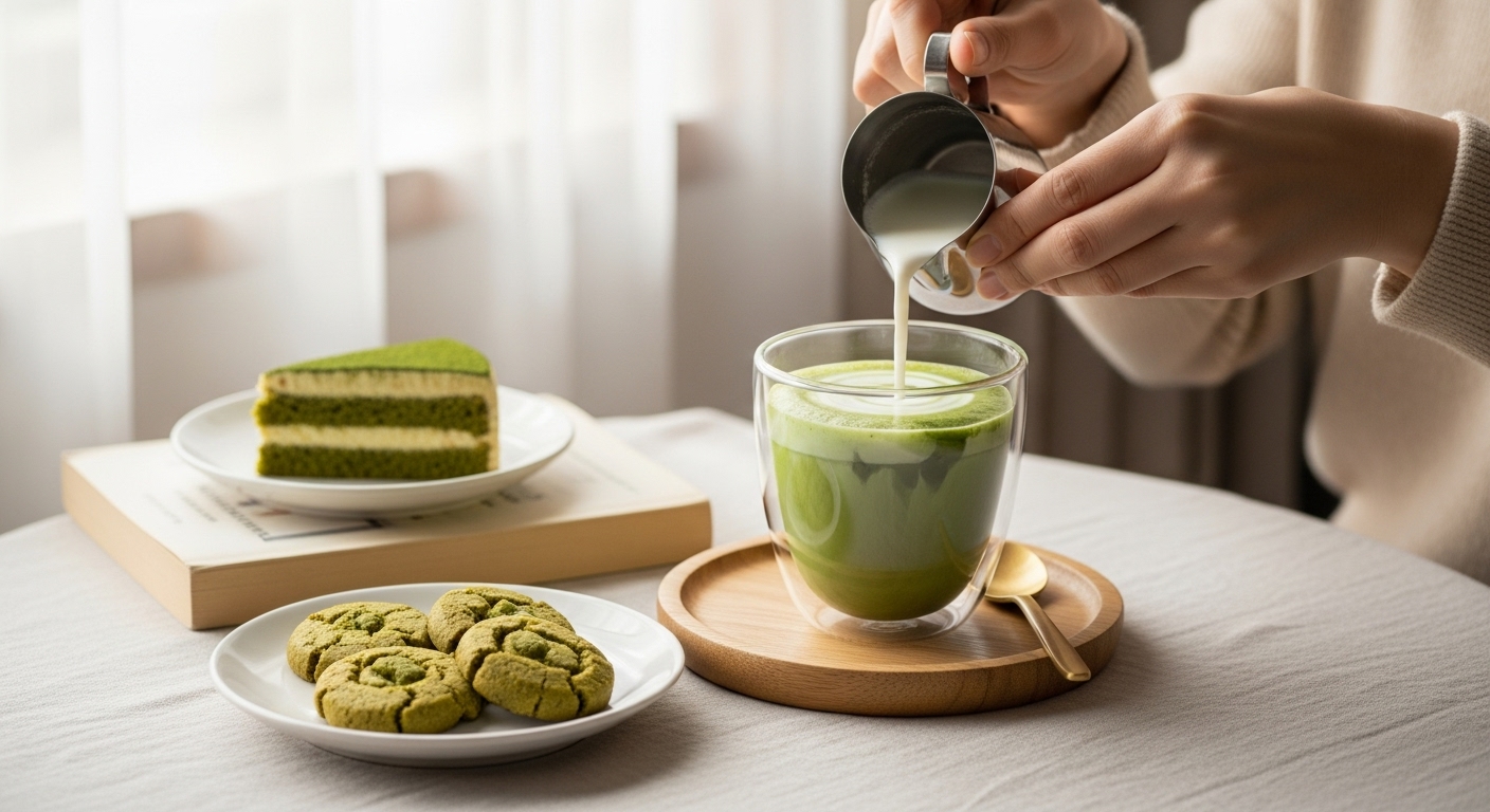 집에서 말차 라떼를 만들고 있는 모습, 손이 우유 거품을 붓고 있으며 옆에는 말차 쿠키와 책이 놓여있어 편안한 홈카페 분위기를 연출