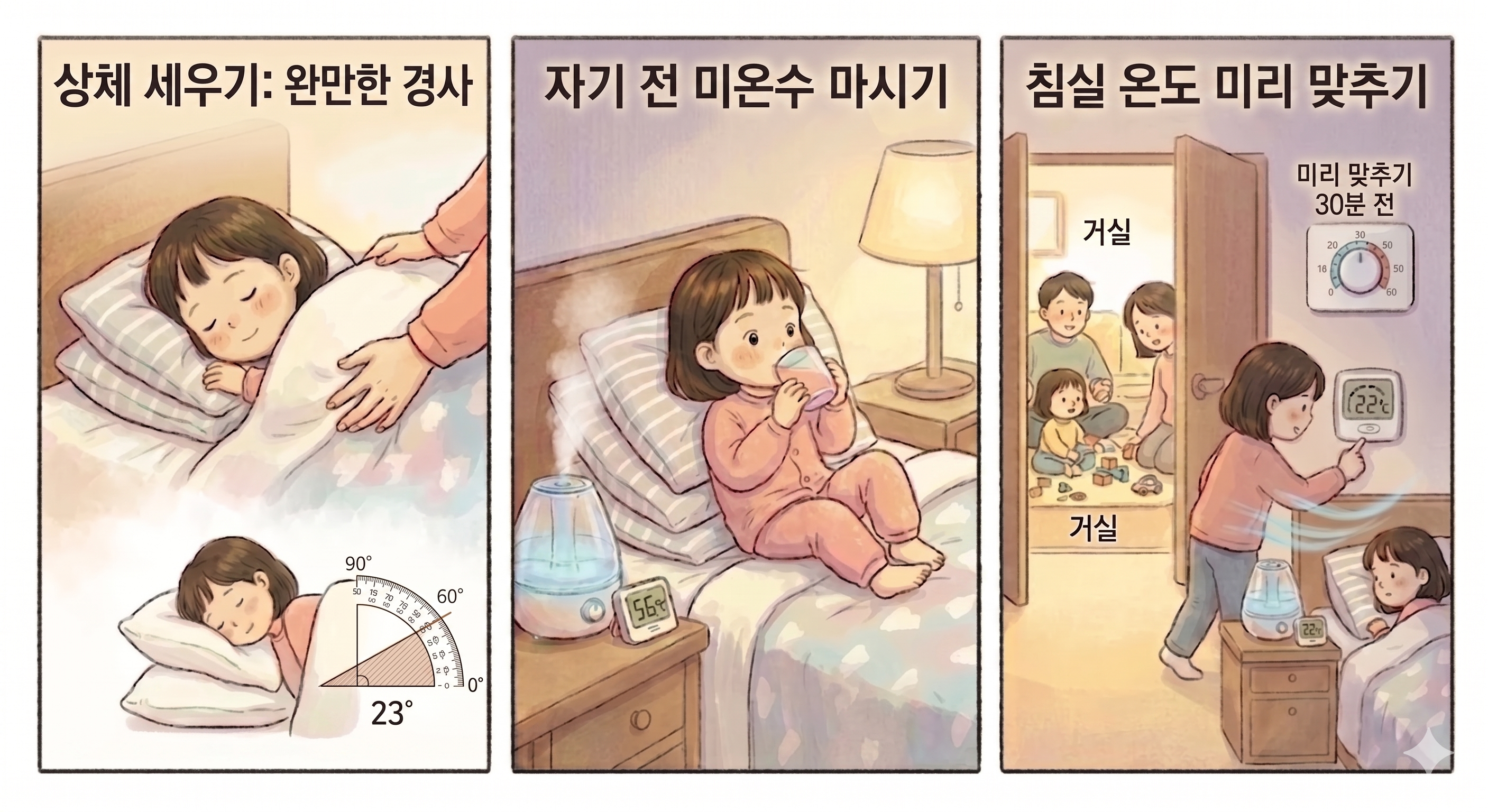 자는 동안 기침 심한 아이 관리법, 상체 높이기 완만한 경사, 자기 전 미온수 마시기, 거실 침실 온도 차이 예방