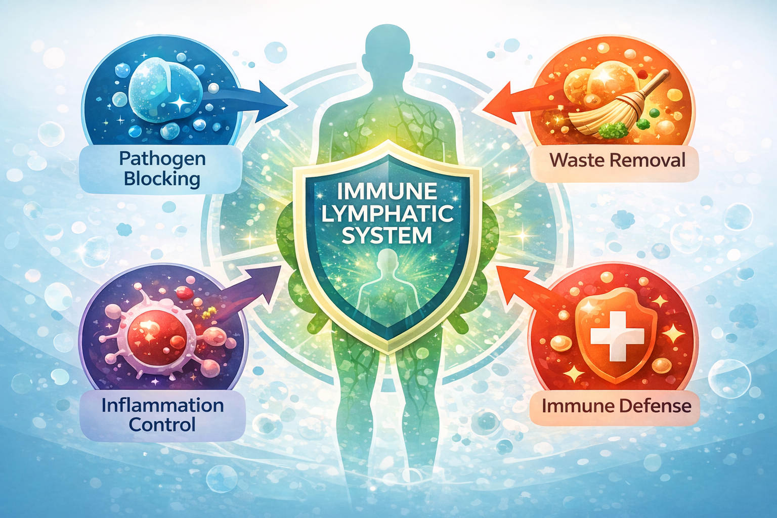 중앙에 방패 모양으로 표현된 &lsquo;Immune Lymphatic System&rsquo;과 인체 실루엣이 배치되고, 주변에 병원체 차단(Pathogen Blocking), 노폐물 제거(Waste Removal), 염증 조절(Inflammation Control), 면역 방어 강화(Immune Defense)를 상징하는 네 개의 아이콘이 원형으로 연결된 면역 림프계 기능 인포그래픽.