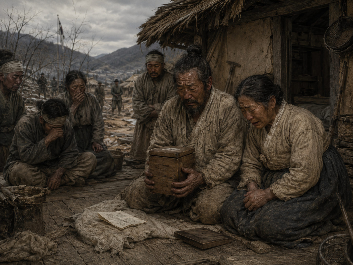 토막 요약: 흙으로 지은 비참한 움막(토막) 앞에서 아들 명수의 유골 상자를 품에 안고 오열하는 명서 내외와 절망에 빠진 이웃들의 모습을 통해 일제강점기 농촌의 비극을 사실주의 기법으로 표현한 일러스트
