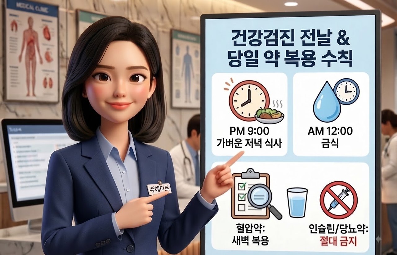 건강검진 전날 및 당일 약 복용 수칙 인포그래픽 보드를 가리키며 설명하는 쥬에디트 캐릭터의 3D 렌더링 이미지