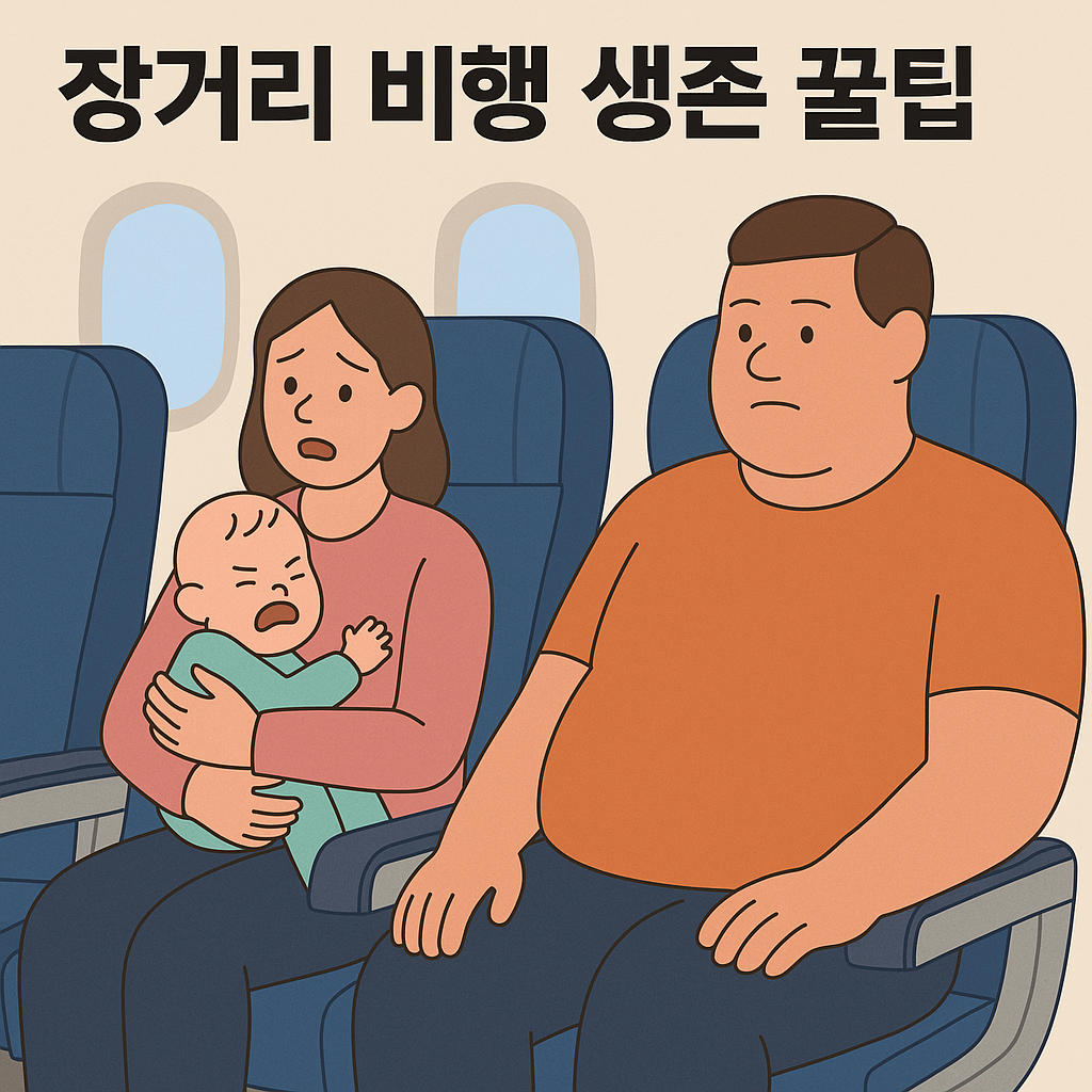 비행기 이코노미석을 배경으로, 앞자리에 체격이 큰 승객이 앉아 있고, 그 뒷자리에서는 엄마가 우는 아기를 달래고 있는 모습이 담긴 이미지