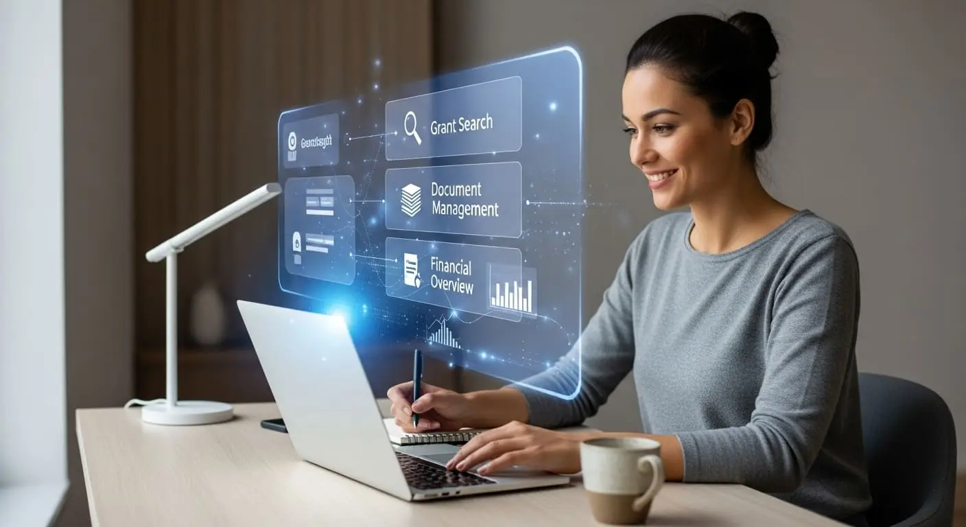 사업에 집중하는 중소기업 대표와 뒤에서 자동으로 지원을 처리하는 플랫폼