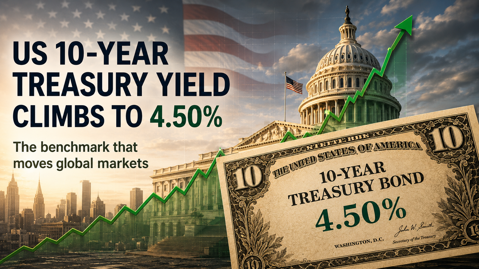 US 10-Year Treasury Yield rising to 4.50 percent with the Capitol building and financial market growth chart