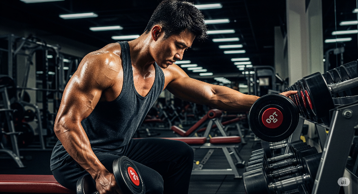 한 세트를 마치고 숨을 고르며 덤벨의 무게를 낮추는 남성. 옆에는 다른 무게의 덤벨들이 놓여있다.