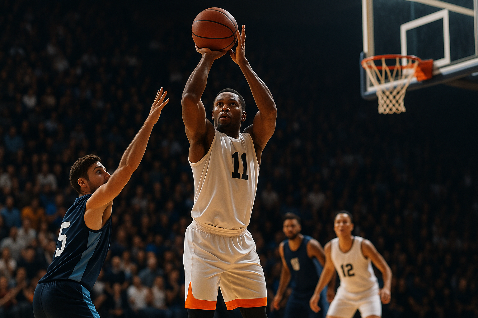 Basketball player shooting a three-pointer over a defender during a high-stakes indoor game in front of a crowd