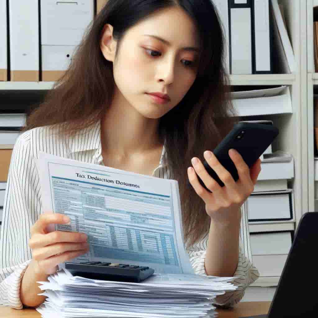 세액공제 서류를 검토하고 있는 사람