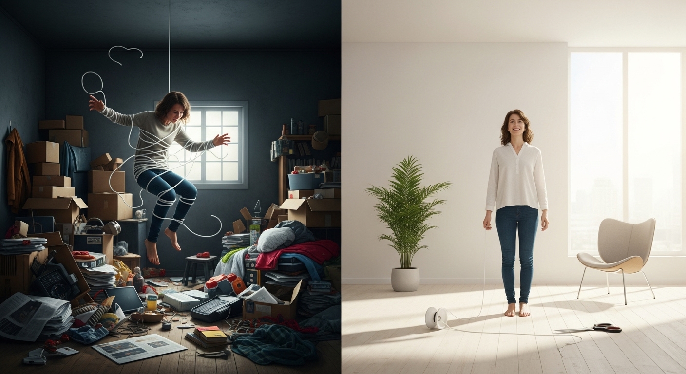물건 더미에 묶인 요요에서 벗어나 미니멀한 공간에 자유롭게 서 있는 사람