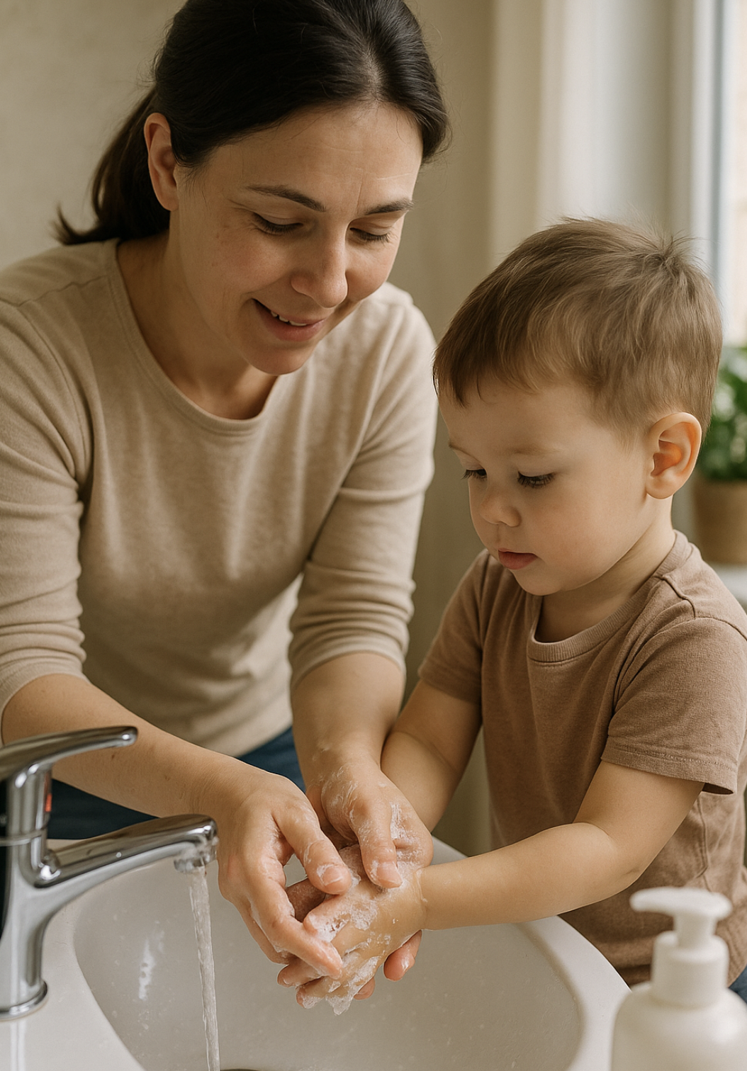 아이의 손을 씻겨주는 부모