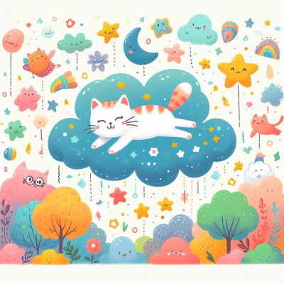 고양이가 구름 위에서 달과 별들을 보며 잠을 자고 있다.