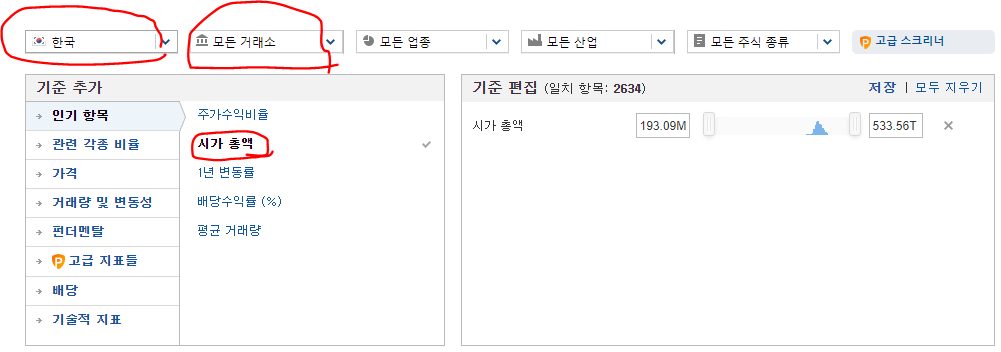 '나라' 및 '거래소' - '인기항목' - '시가총액'을 선택
