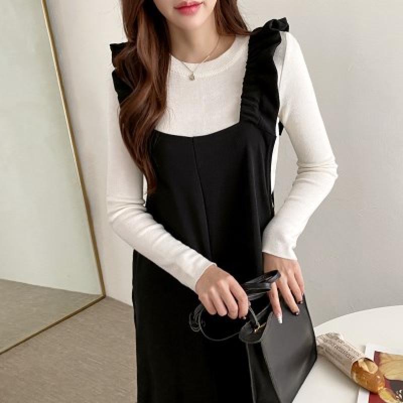 여자 끝판왕 어깨 프릴 멜빵 점프슈트 와이드팬츠