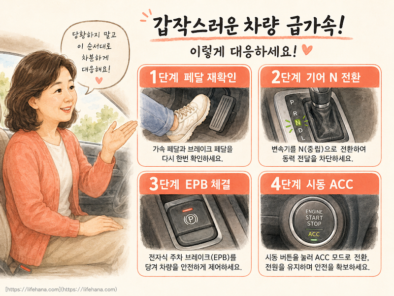 급가속 상황 운전자 대응 4단계 체크리스트 &mdash; 페달 재확인&rarr;기어 N&rarr;EPB 체결&rarr;시동 ACC
