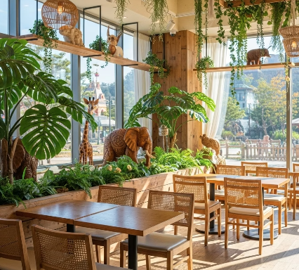 Everland Zootopia Cafe jungle-themed interior with wooden decor and family seating area