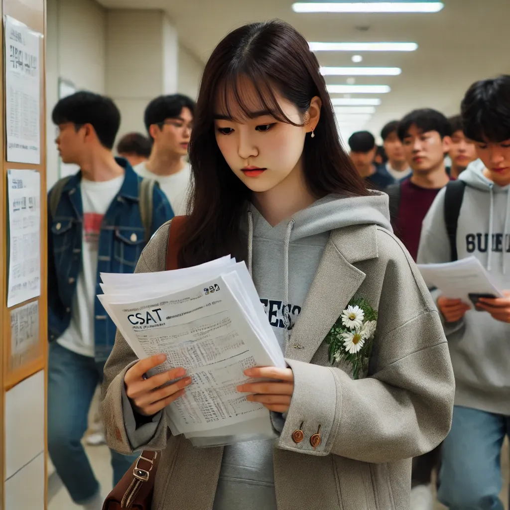 수능 시험 직전 복도에서 노트를 검토하는 한국 학생&amp;#44; 긴장된 표정으로 파일을 들고 있음