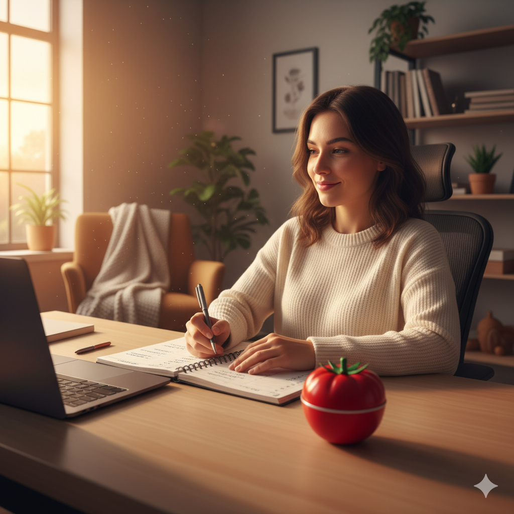 하루 일과를 마치고 뽀모도로 타이머와 완료된 투두리스트를 보며 만족스럽게 미소 짓는 20대 여성 모델.