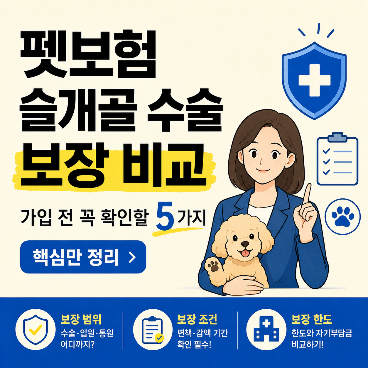 펫보험 슬개골 수술 보장 비교를 주제로, 여성 캐릭터가 반려견을 안고 보장 범위와 조건을 안내하는 카드뉴스 썸네일