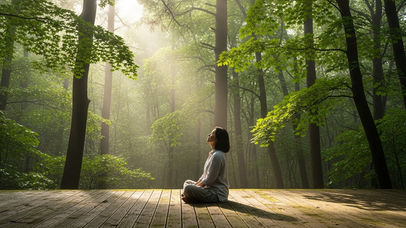 마음의 숲에서 4-4-8 호흡법을 통해 뇌의 긴장을 완화하고 평온을 되찾는 명상 현장