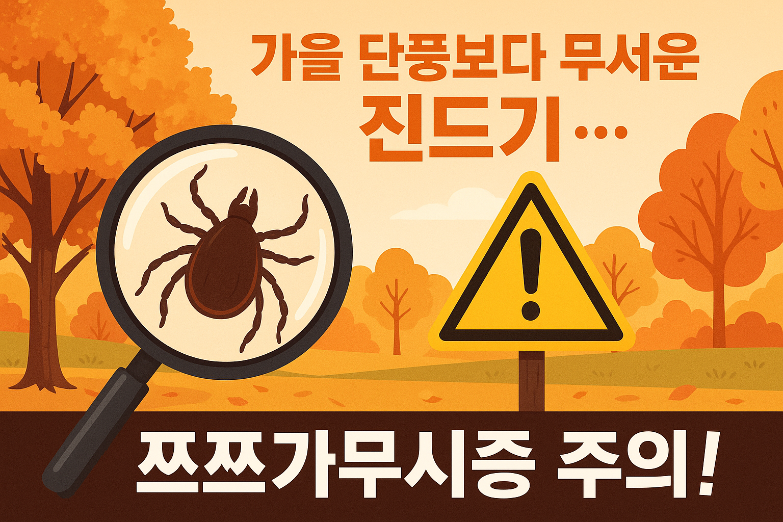 가을철 야외활동 중 진드기 감염병(쯔쯔가무시증) 예방을 알리는 경고 이미지.