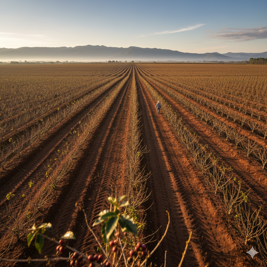 끝없이 펼쳐진 붉은 토양의 커피밭에서 농부가 걷고 있으며, 전경에는 커피나무의 붉은 열매가 보입니다. (이미지 생성:google)