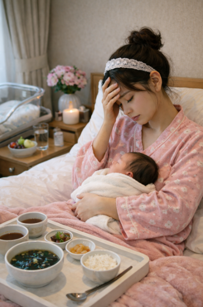 출산 후 산모가 신생아를 안은 채 지친 표정으로 쉬고 있는 장면, 산후 우울과 몸 변화의 현실을 담은 이미지