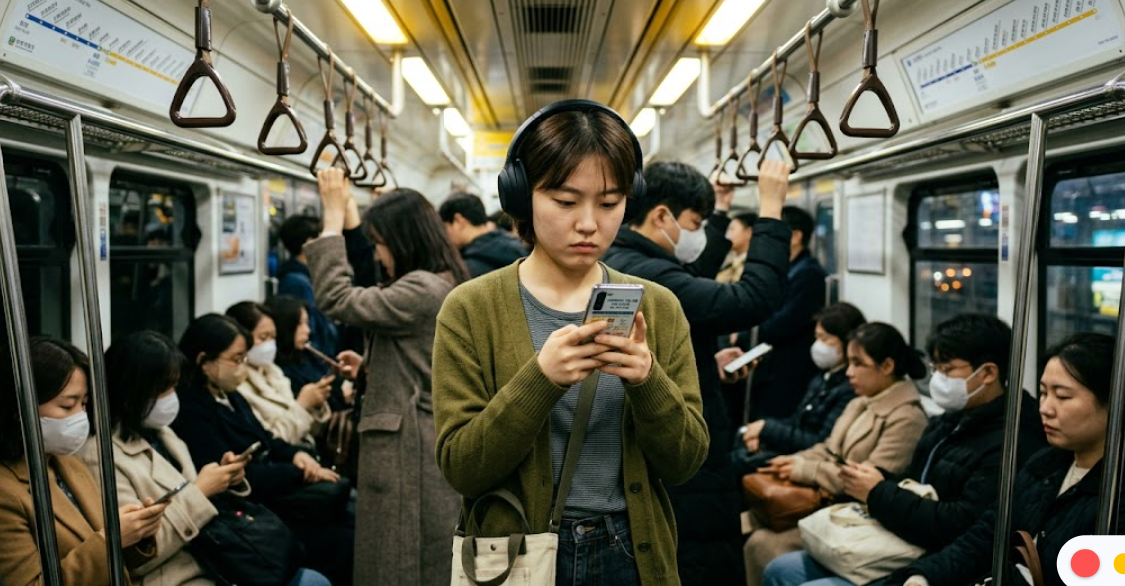 지하철 안에서 스마트폰으로 요약 노트를 보고 있는 수험생