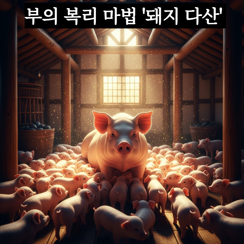 따사로운 오후 햇살이 내리쬐는 풍요로운 농장에서 어미 돼지가 수많은 새끼 돼지들을 낳아 평화롭게 돌보고 있는 장엄하고 풍요로운 분위기의 일러스트