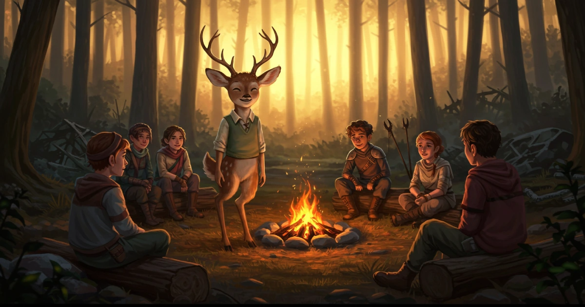 숲속에서 거스와 동료들이 캠프파이어를 나누는 따뜻한 장면