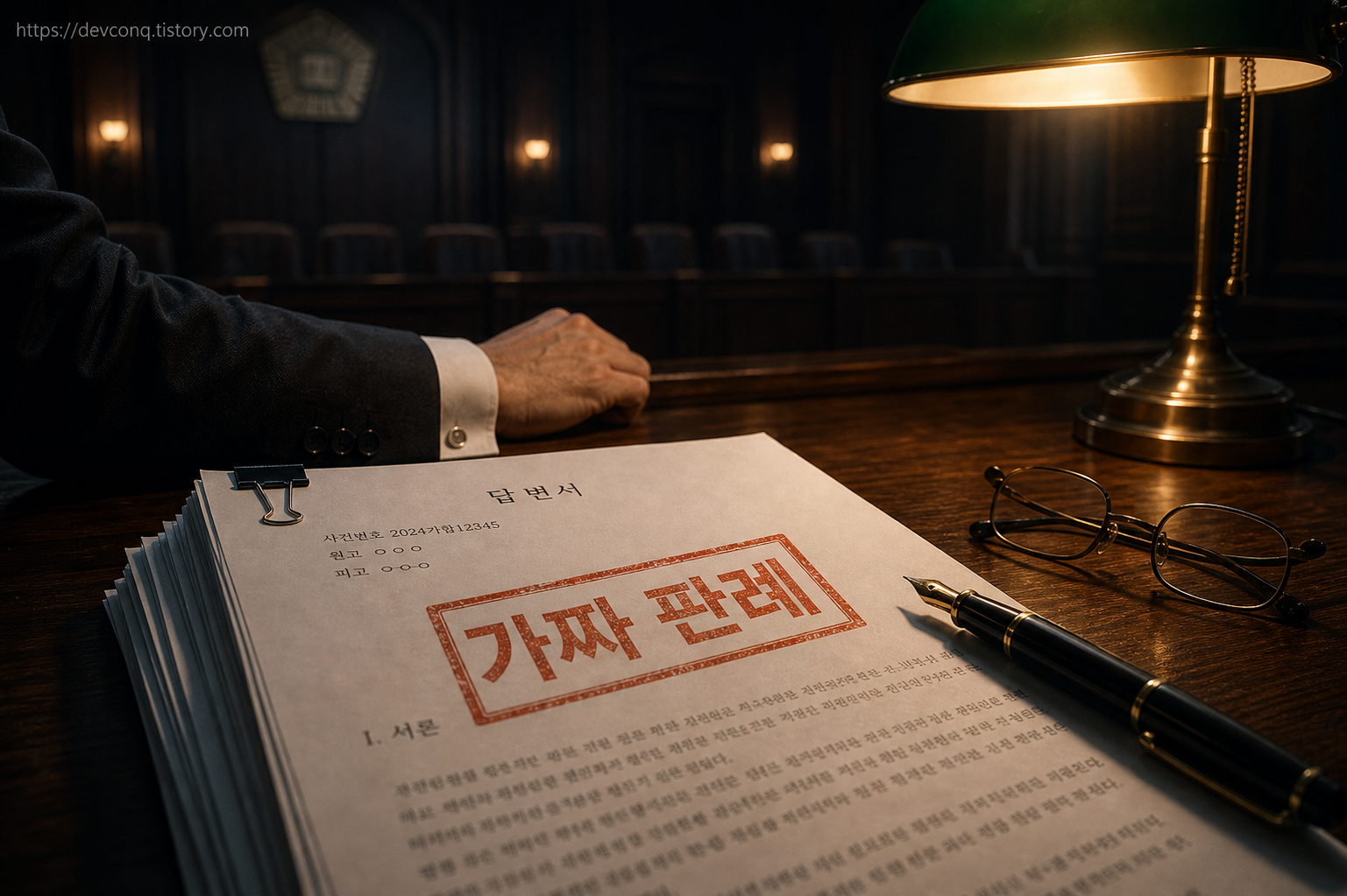 어두운 법정 책상 위 초록 스탠드 아래 '가짜 판례' 도장이 찍힌 서류 더미