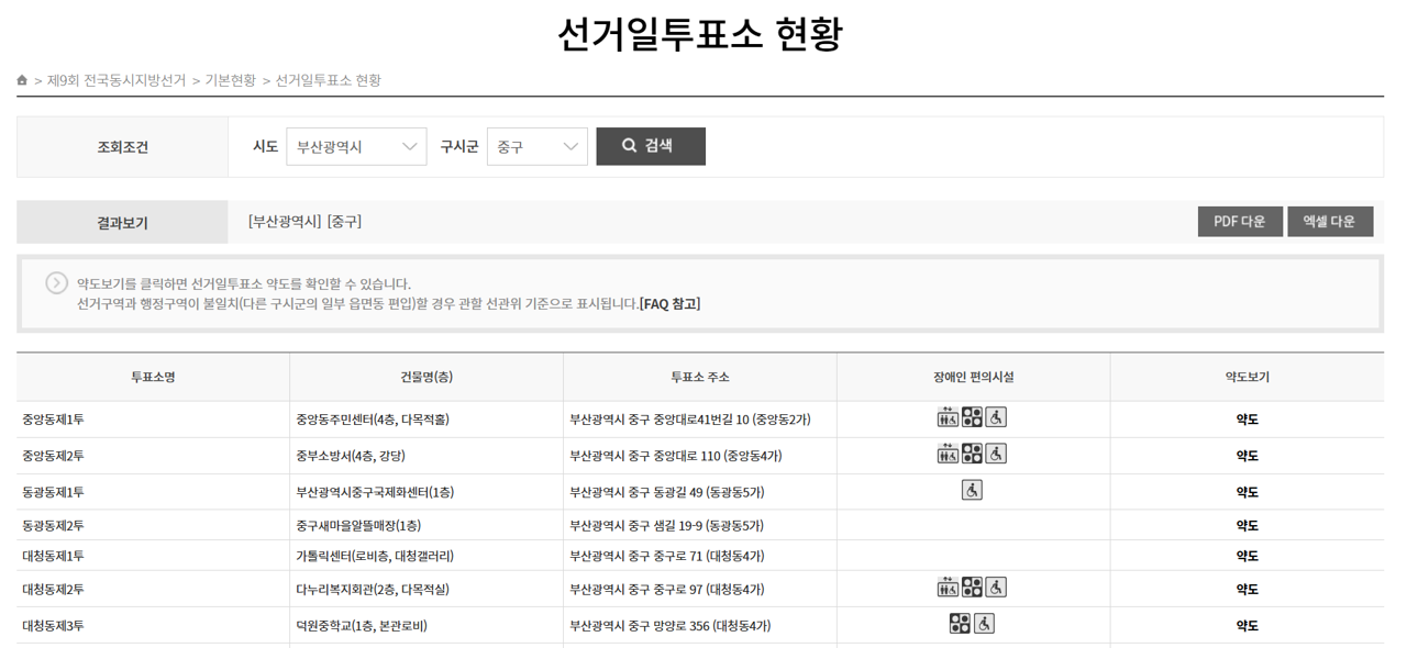 부산 중구 내 투표소 현황 바로 알아보기