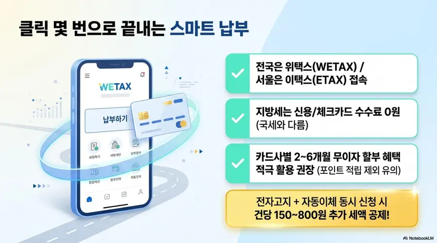자동차세 납부방법: 자동차세 스마트 납부 방법을 정리한 인포그래픽. 전국은 위택스, 서울은 이택스에 접속하여 납부하며 지방세는 신용카드와 체크카드 수수료가 0원이라는 정보와 카드사별 2~6개월 무이자 할부 혜택을 적극 활용할 것을 안내하는 이미지. 전자고지와 자동이체 동시 신청 시 건당 150~800원 추가 세액 공제 혜택도 포함됨