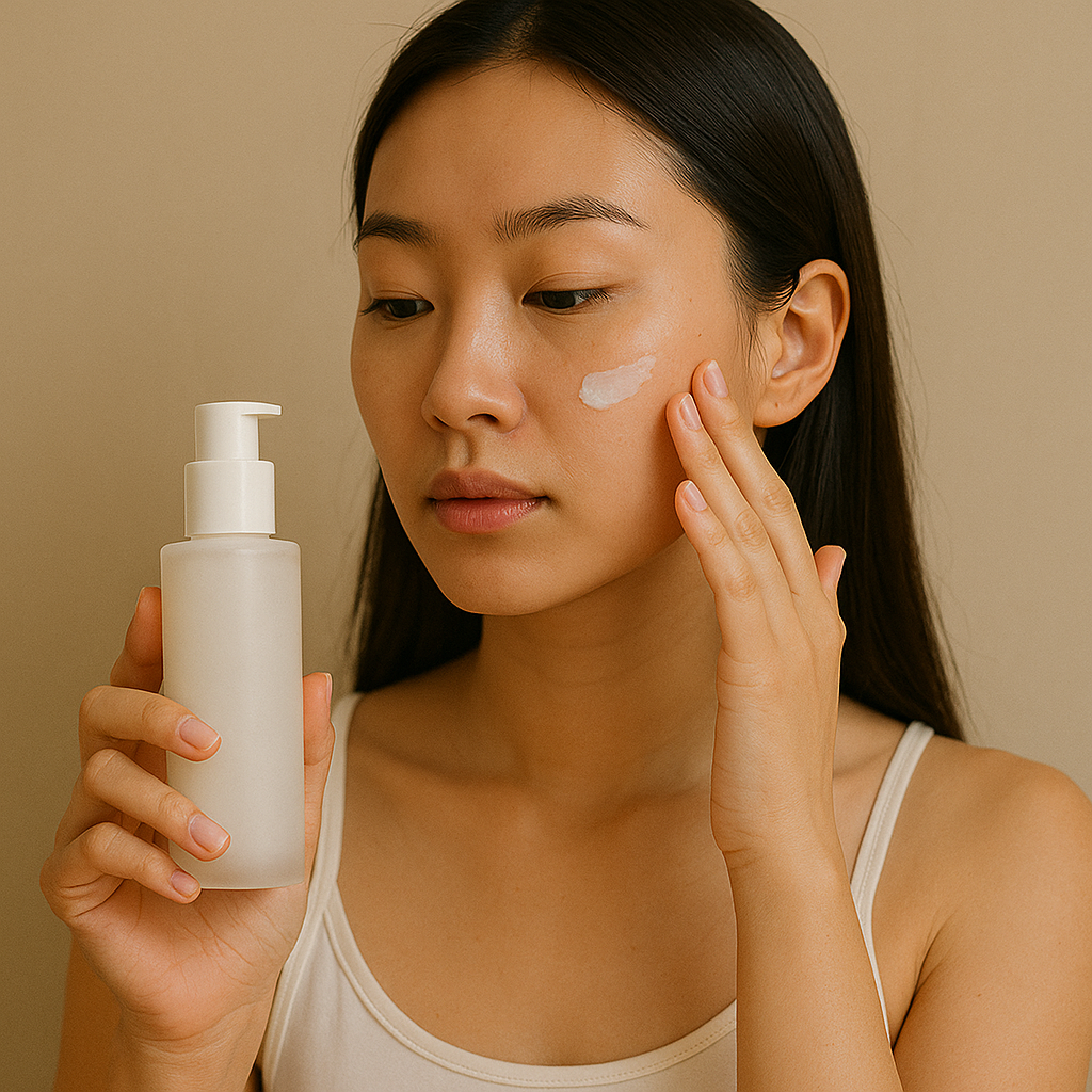 스킨 제품을 바르고 있는 여성 모습