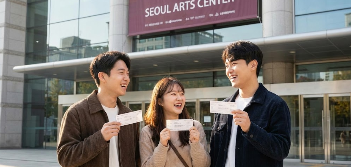 청년들이 환하게 웃으며 공연 티켓을 들고 있는 모습