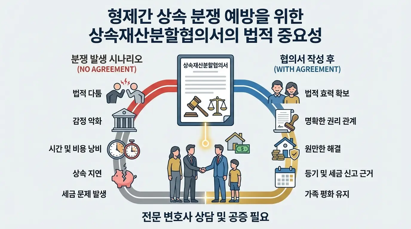 형제간의 상속 재산 분쟁을 예방하기 위해 반드시 작성해야 하는 상속 재산 분할 협의서의 법적 중요성을 보여주는 인포그래픽