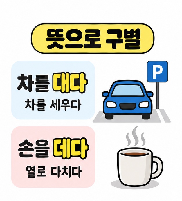 차를 대다는 차를 세우는 뜻이고 손을 데다는 열로 다치는 뜻임을 자동차와 김 나는 컵으로 비교한 그림