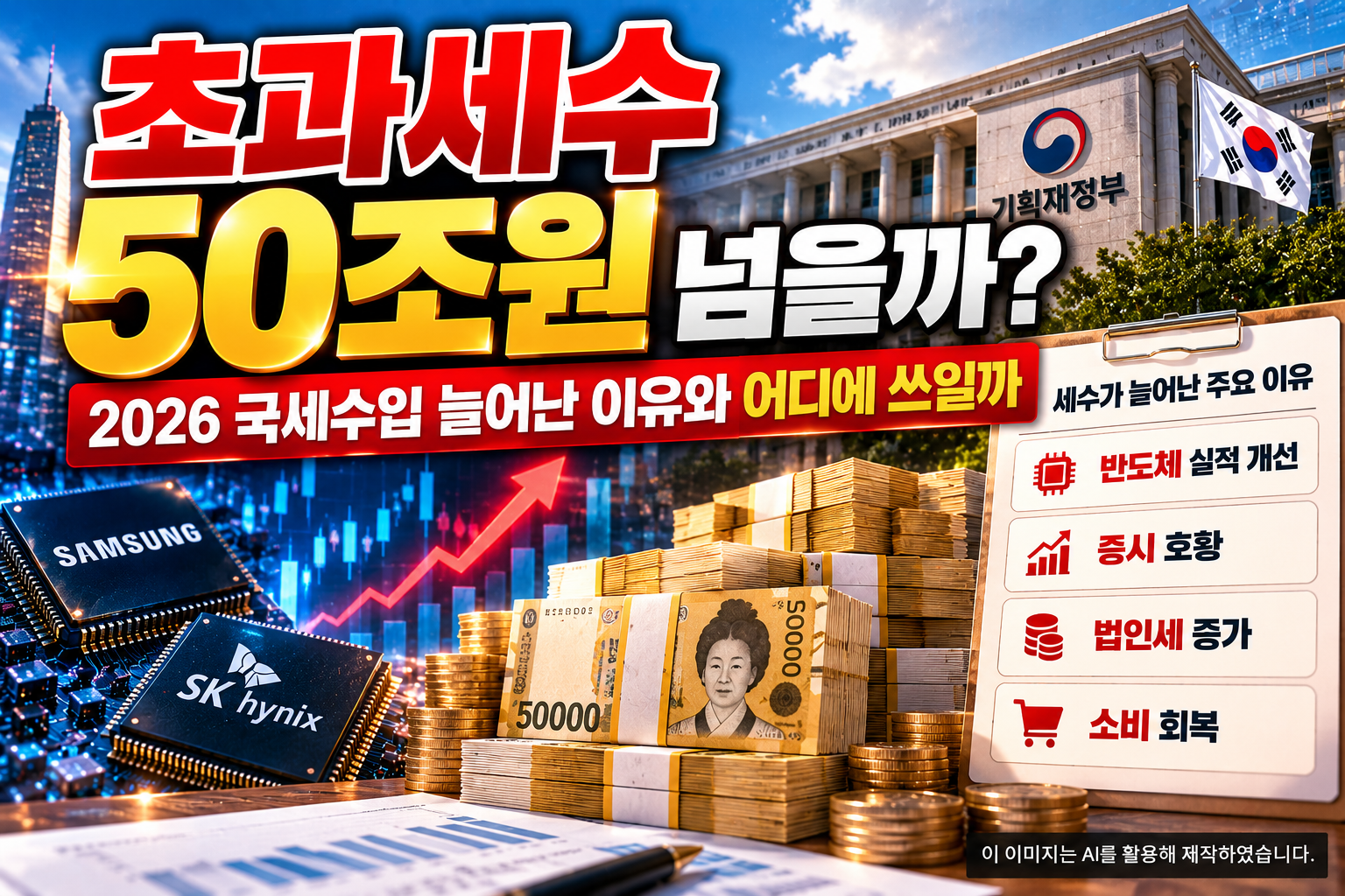 2026년 초과세수 50조원 전망과 반도체 실적 개선·법인세 증가 등 국세수입 증가 원인을 표현한 이미지