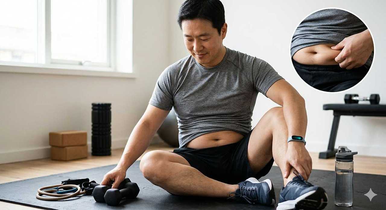 인슐린 저항성으로 대사 효율이 떨어져 뱃살이 증가한 모습과 건강을 위해 운동을 준비하는 모습