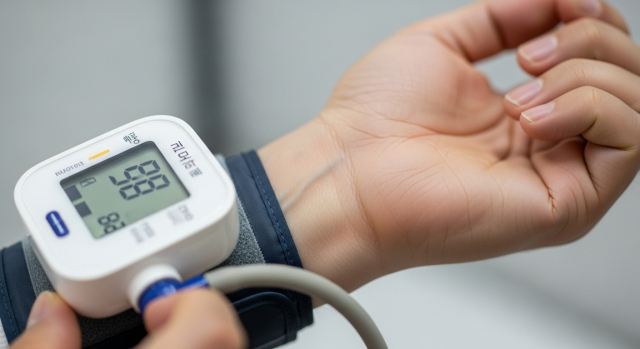 손목에 혈압계를 착용한 모습