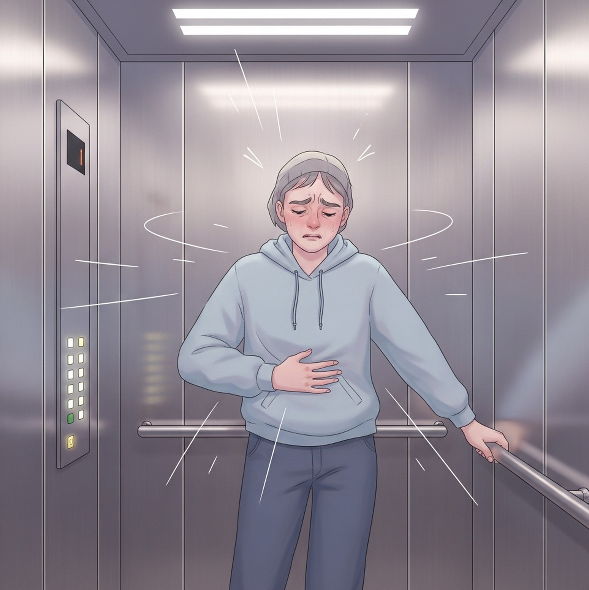 엘리베이터 안에서 어지러워하는 사람