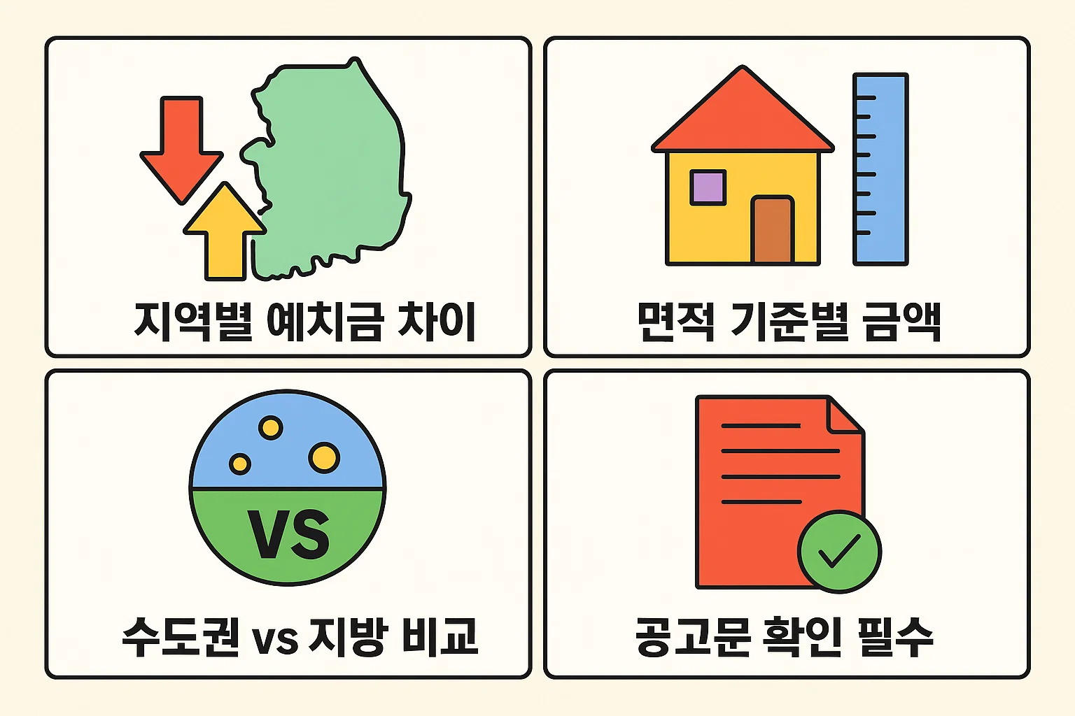 지역별 예치금 차이, 면적 기준별 금액, 수도권과 지방 비교, 공고문 확인의 중요성을 담은 인포그래픽.
