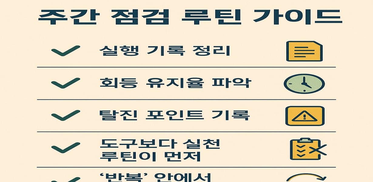 “주간 점검 루틴 – 실행 기록, 회등 유지율, 탈진 포인트, 실천 루틴 우선 항목을 체크리스트 형식으로 정리한 가로형 인포그래픽”