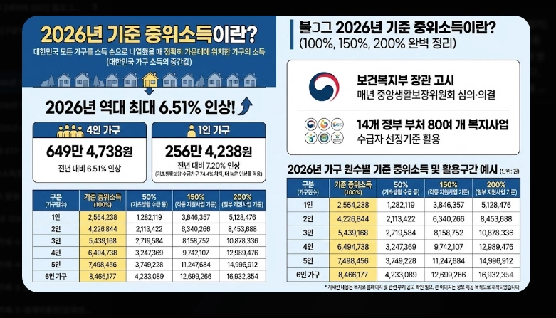 2026년 기준 중위소득 확인법 [복지 혜택] 100%~200% 구간별 정리 및 신청 가이드